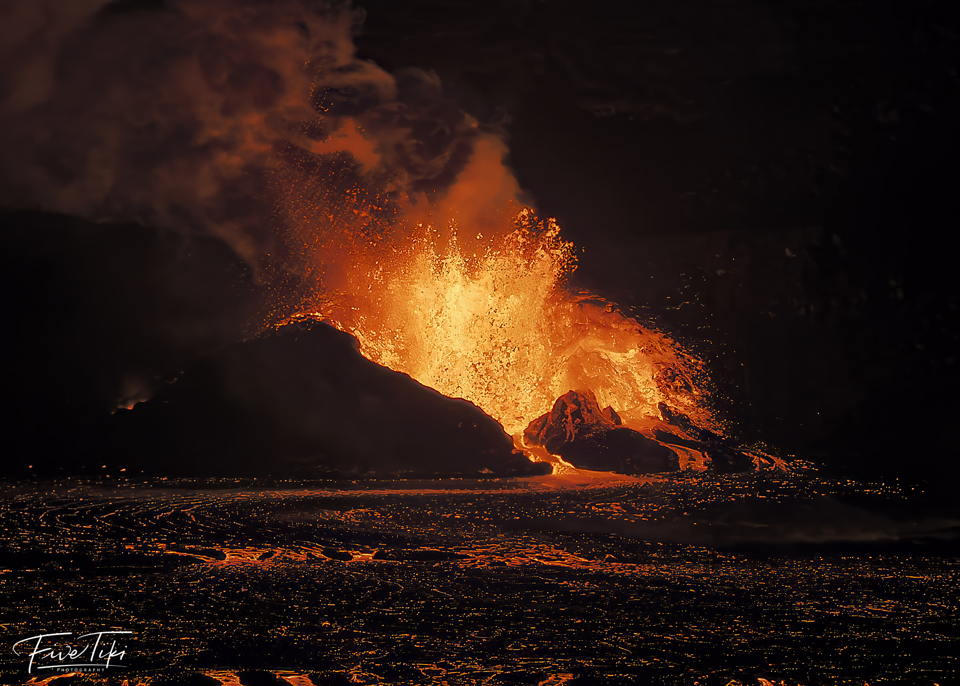 Lava Shooting into the Air at Night on Mauna Loa