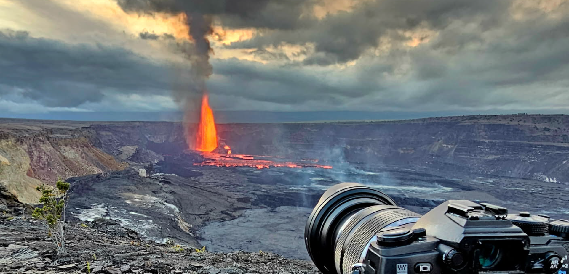 Lava Eruption in Hawai'i with Camera in Foreground