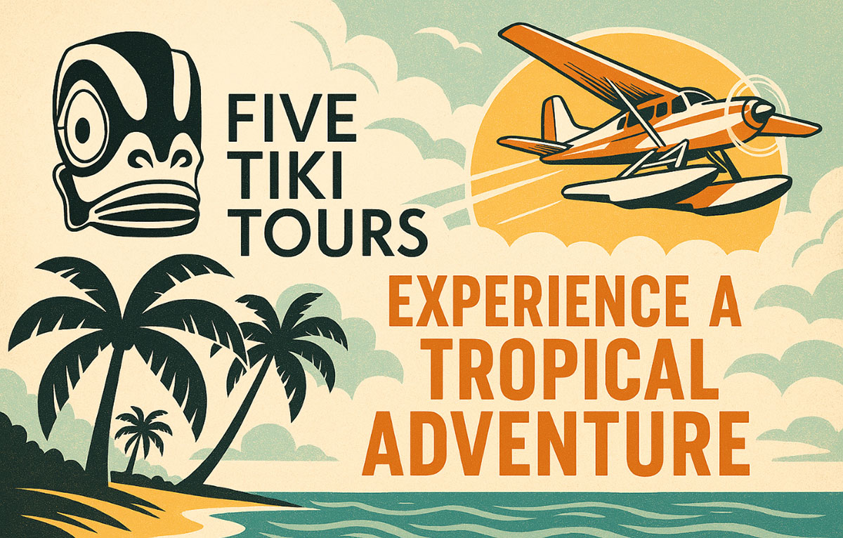 1950's Vintage Airline Travel Poster for Five Tiki Tours